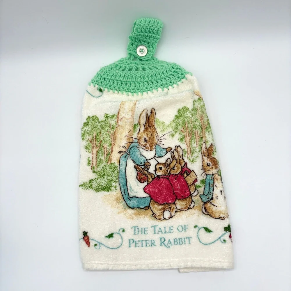 Vintage Peter Rabbit Crochet Hanging Kitchen Towel Cottagecore Storybook Decor